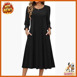 Floral Midi Dress 3/4 Sleeve Loose Fit Casual Chic with Pockets